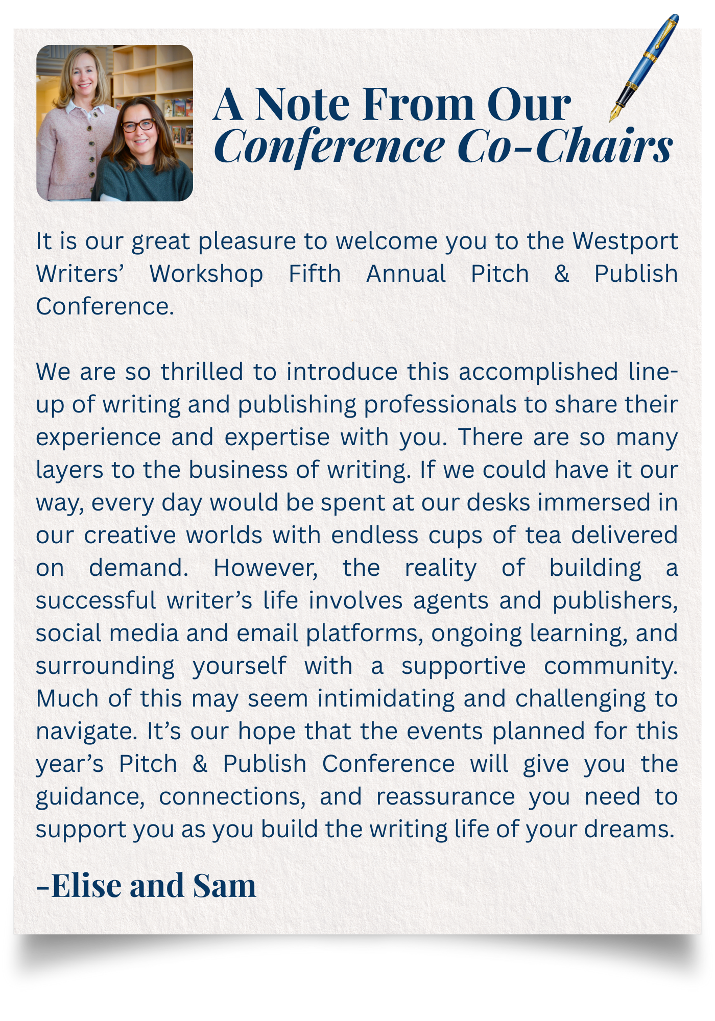 A welcome letter graphic titled 'A Note From Our Conference Co-Chairs' featuring a photo of the two authors, Elise and Sam. The text welcomes participants to the Westport Writers’ Workshop Fifth Annual Pitch & Publish Conference. The body text acknowledges the difficulties of the business side of writing—such as agents, publishers, and social media—and expresses hope that the conference provides the guidance, connections, and reassurance needed to build a successful writing life.